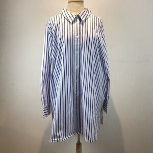 Jessica London Blue and White striped relaxed fit poplin button up shirt 32W-3X